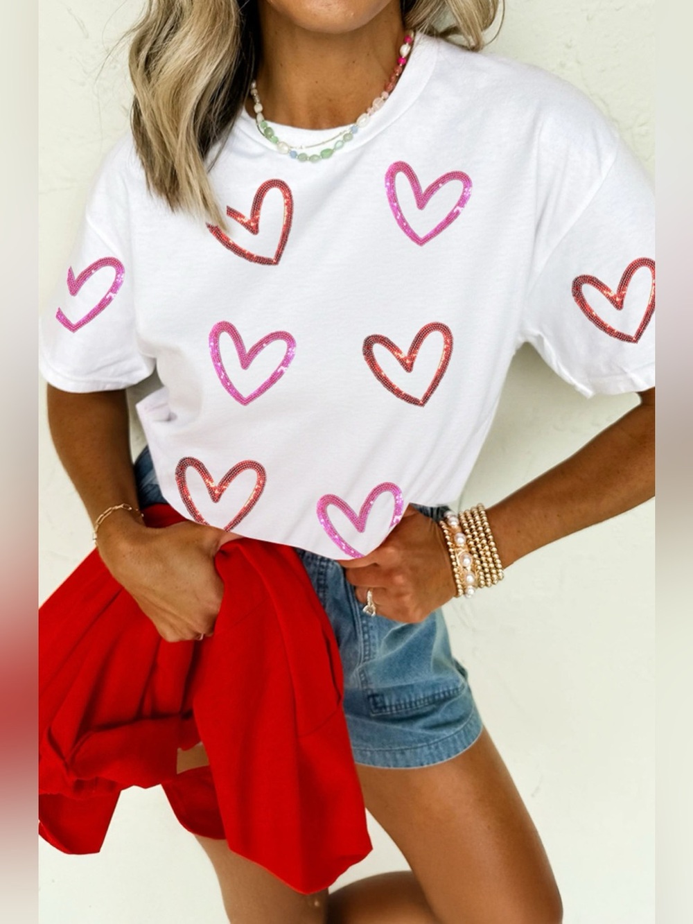 Sequin Heart Short Sleeve Casual Tee